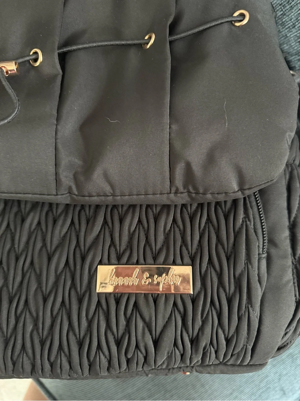 Hannah & Sophia Black Quilted Diaper Bag Backpack Black and Gold